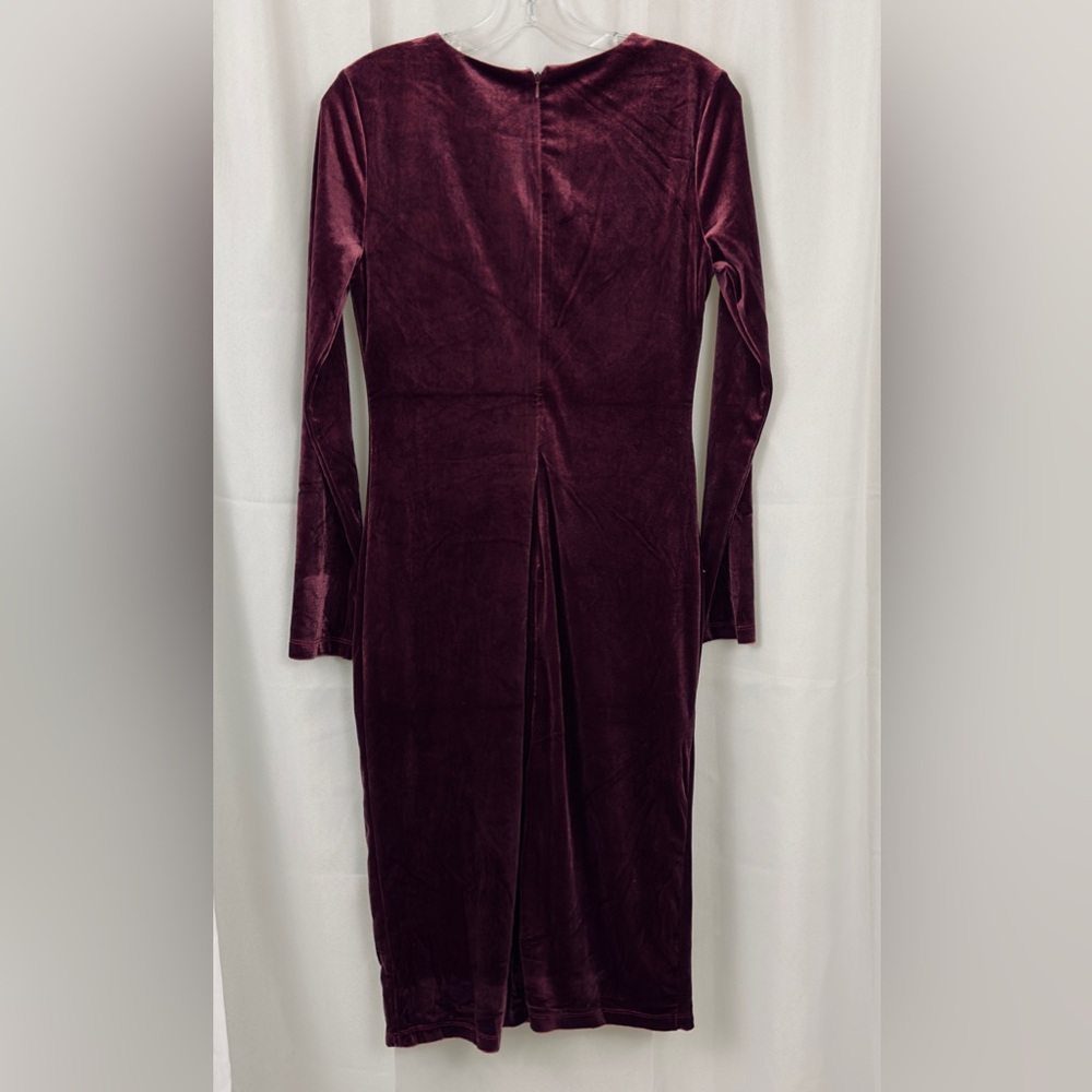 Love X Design Elegant Velvet Burgundy Side Ruched Midi Long Sleeve Dress M - Picture 6 of 6